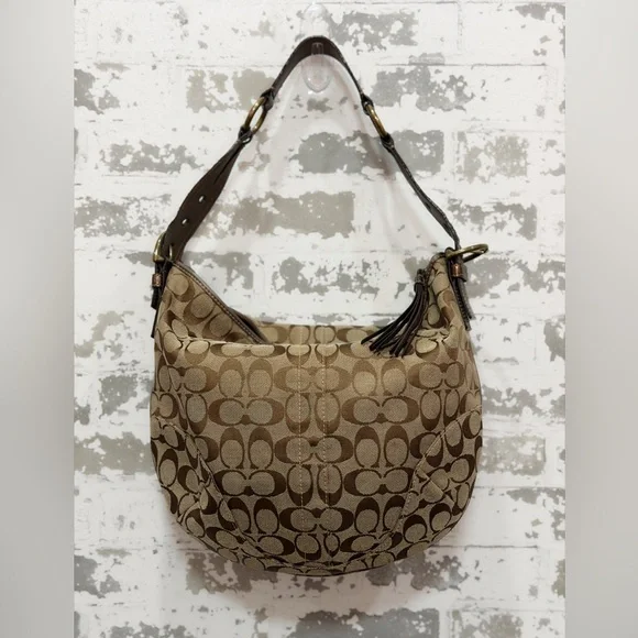 Coach Lurex Hobo Bag Metallic Tan Logo Print 8K37 | Gold Python Handle | EUC - Picture 2 of 10